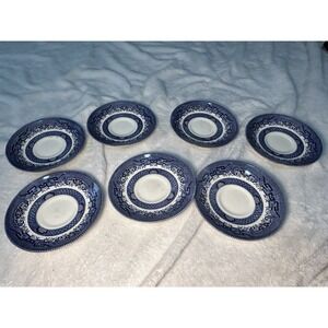 Churchill Blue Willow side plates set of 7, blue and white pottery